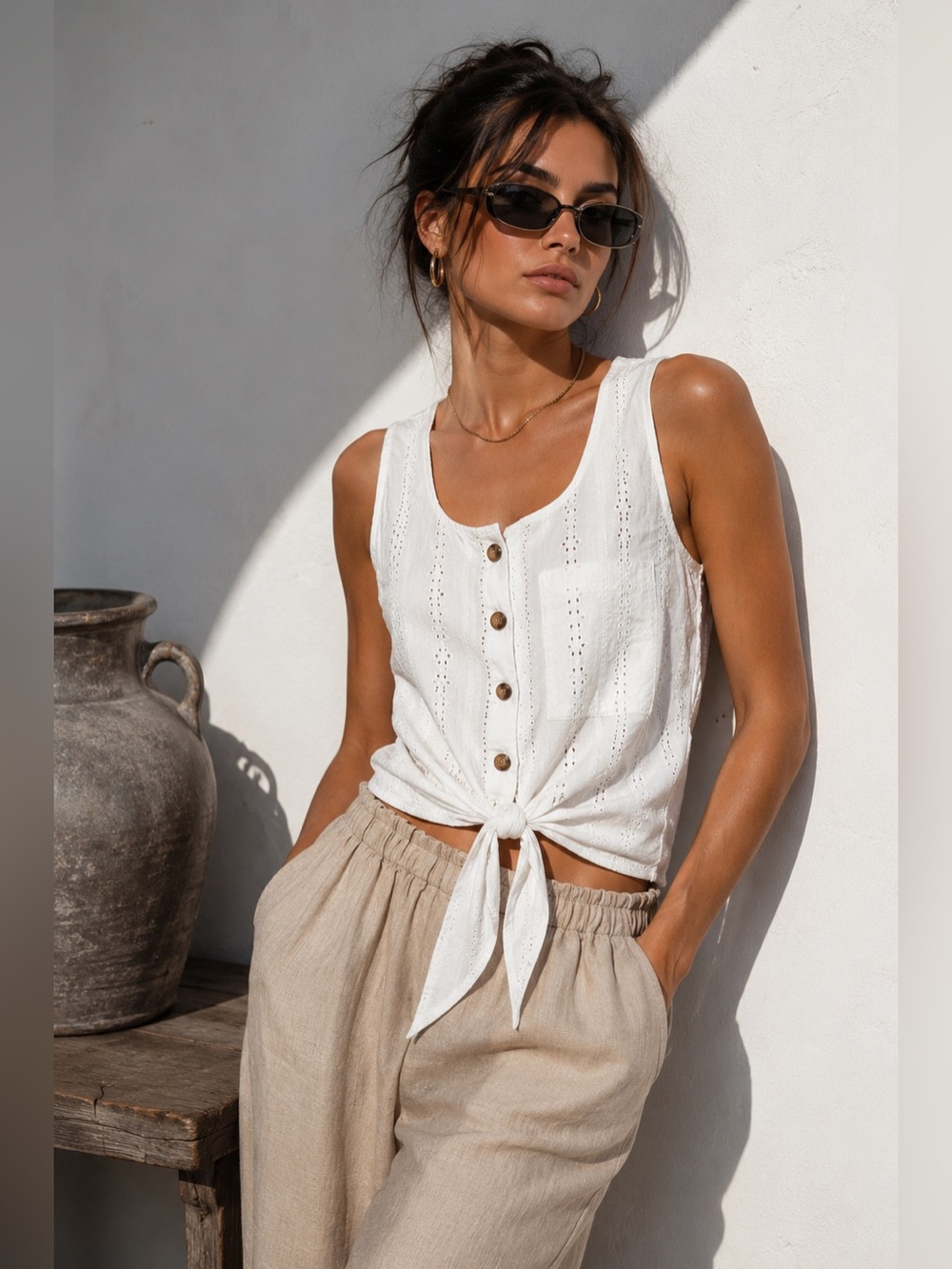 NWT Live to Be Spoiled White Eyelet Tie-Front Tank Top | XL